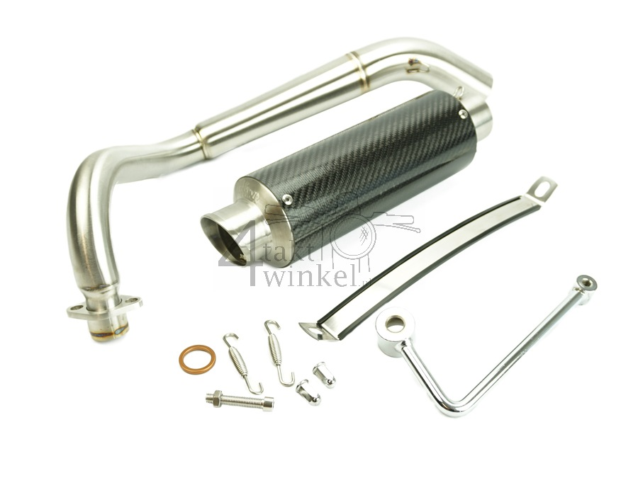 Pot d'&eacute;chappement sportif, dessous, simple, inox, aspect Carbon