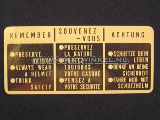 Autocollant SS50 r&eacute;servoir Remember blanc en 3 langues, d'origine Honda