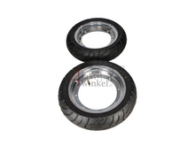 Jante Dax 10&quot; acier, set de 2, avec nouveaux pneus, 2.50 et 3.00, chrome, produit de 2&egrave;me chance