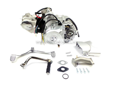 Motorblok, 70cc, handkoppeling, 4-bak, startmotor boven, zilver