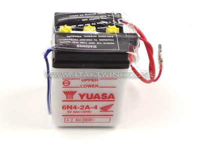 Batterie 6 volts 4 ampères, C50, CB50, batterie acide, Yuasa, d'origine Honda